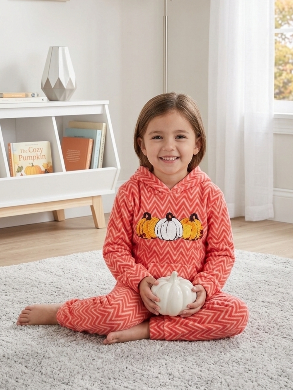 Girls 2Pc set  Sequin Pumpkins Pants Set fleece hoodie pjs Sleepwear